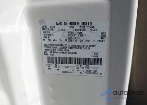 2008 Ford F-150 60Th Anniversary/Fx4/King Ranch/Lariat/Xlt from USA, damaged, VIN 1FTPW14V58FB00600